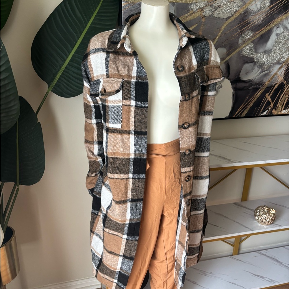 SHEIN Brown, Black & White Plaid Long Shacket